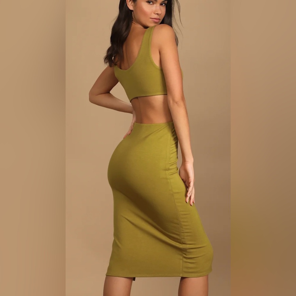 Lulu's Olive/ Avocado Midi Dress with Side Cutouts
